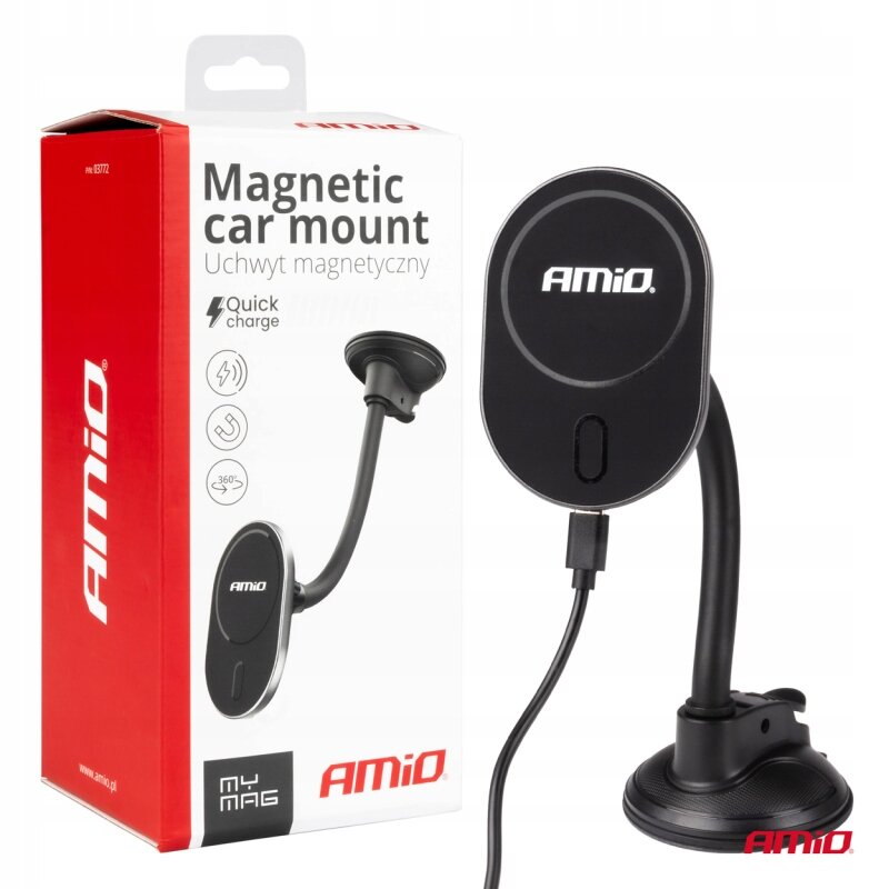 Na obrazie widoczny jest magnetyczny uchwyt samochodowy z funkcją szybkiego ładowania oraz jego opakowanie z napisem \'Magnetic car mount Uchwyt magnetyczny\'. Logo \'AMiO\' znajduje się zarówno na uchwycie, jak i na opakowaniu.