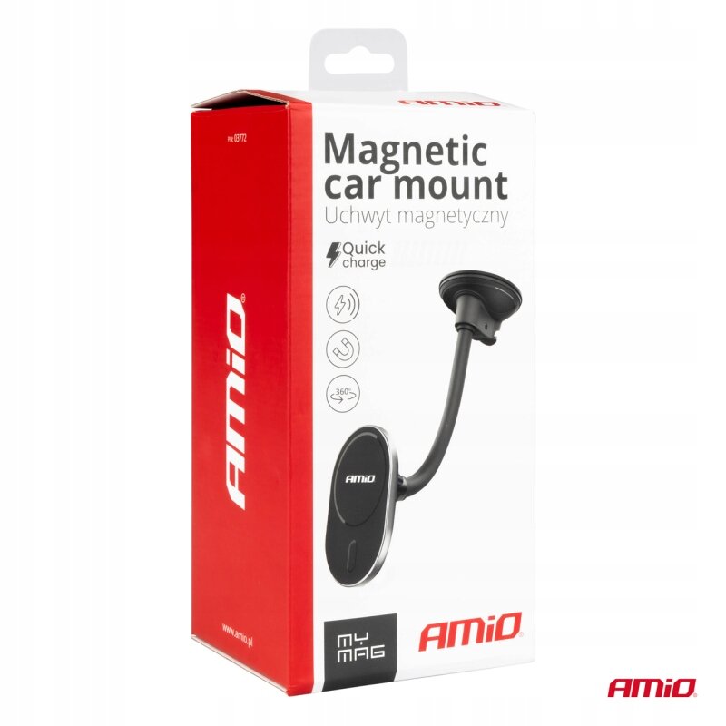 Opakowanie produktu z napisem \'Magnetic car mount Uchwyt magnetyczny\' oraz logo AMiO. Widoczny jest obrazek uchwytu samochodowego i ikony funkcji, takie jak \'Quick charge\' i \'360°\'.