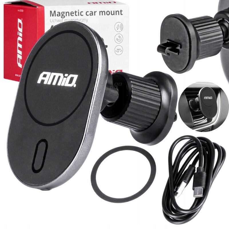 Na obrazie znajduje się magnetyczny uchwyt samochodowy z logo \'AMiO\', element montażowy do kratki nawiewu, kabel oraz opakowanie z napisem \'Magnetic car mount Uchwyt magnetyczny\'.