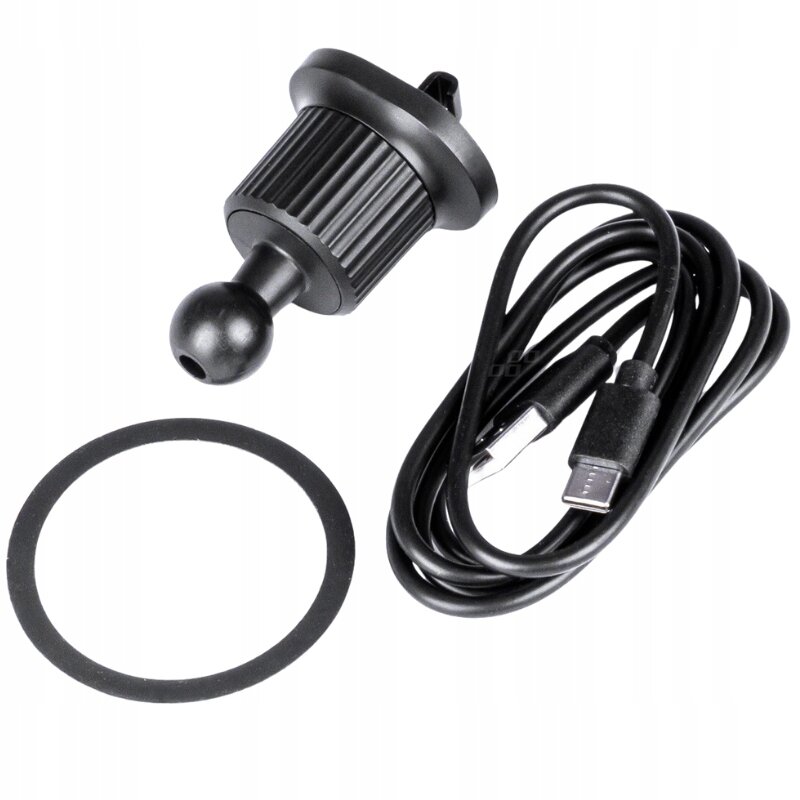 Na obrazie znajduje się czarny uchwyt samochodowy z kulistym zakończeniem, okrągła gumowa podkładka oraz czarny kabel USB-C. Uchwyt ma żebrowaną powierzchnię, a kabel jest zwinięty.