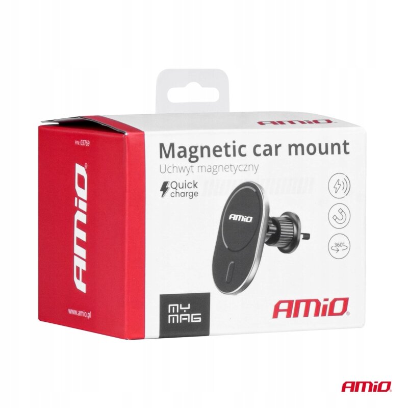 Opakowanie produktu z napisem \'Magnetic car mount Uchwyty magnetyczny\' oraz logo AMiO. Widoczny jest obrazek uchwytu samochodowego i ikony funkcji, takie jak \'Quick charge\'.
