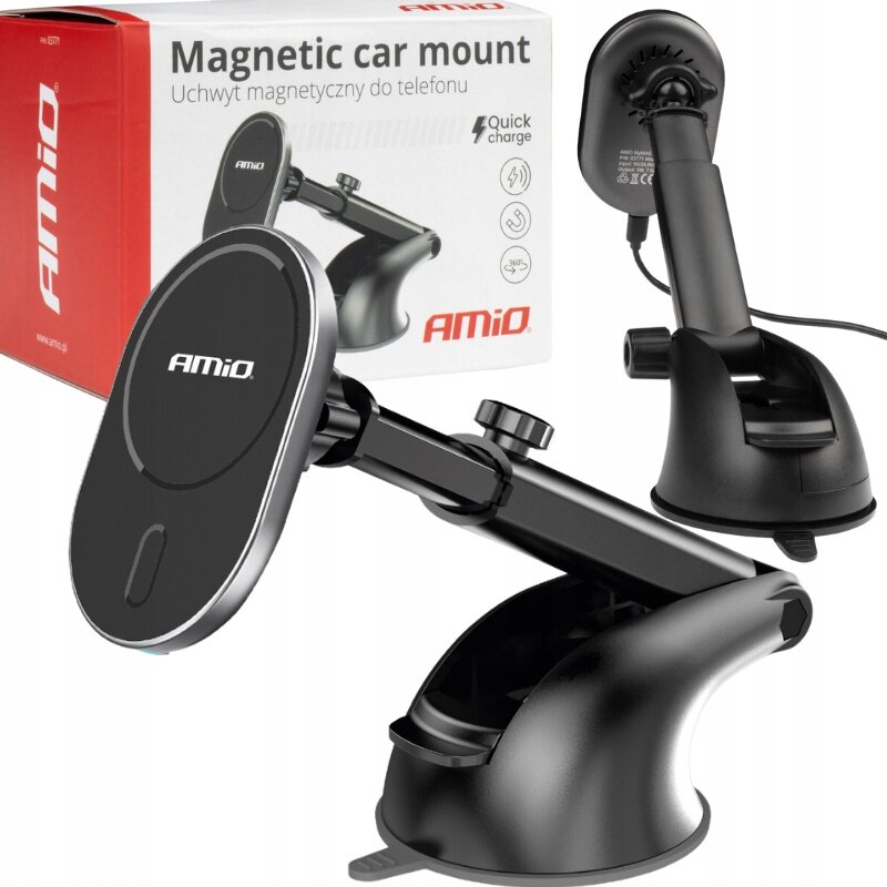 Na obrazie widoczny jest magnetyczny uchwyt samochodowy do telefonu marki AMiO, z funkcją szybkiego ładowania. W tle znajduje się pudełko z napisem \'Magnetic car mount Uchwyt magnetyczny do telefonu\'.