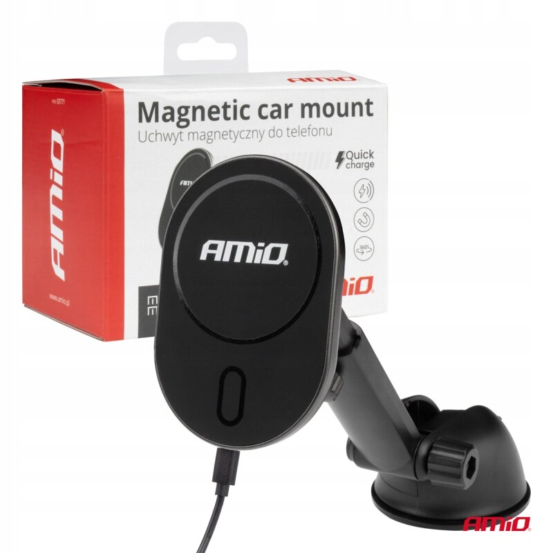 Na zdjęciu znajduje się czarny uchwyt magnetyczny do telefonu z logo \'AMiO\', zamontowany na regulowanym ramieniu z przyssawką. W tle widoczne jest opakowanie z napisem \'Magnetic car mount Uchwyt magnetyczny do telefonu\' oraz ikonami wskazującymi na funkcje produktu.