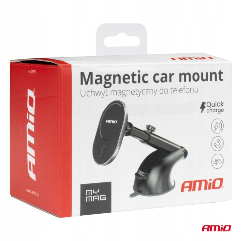 Opakowanie produktu z napisem \'Magnetic car mount Uchwyt magnetyczny do telefonu\'. Widoczne logo \'AMiO\' oraz ikony wskazujące na funkcje produktu, takie jak \'Quick charge\' i obrót 360 stopni.