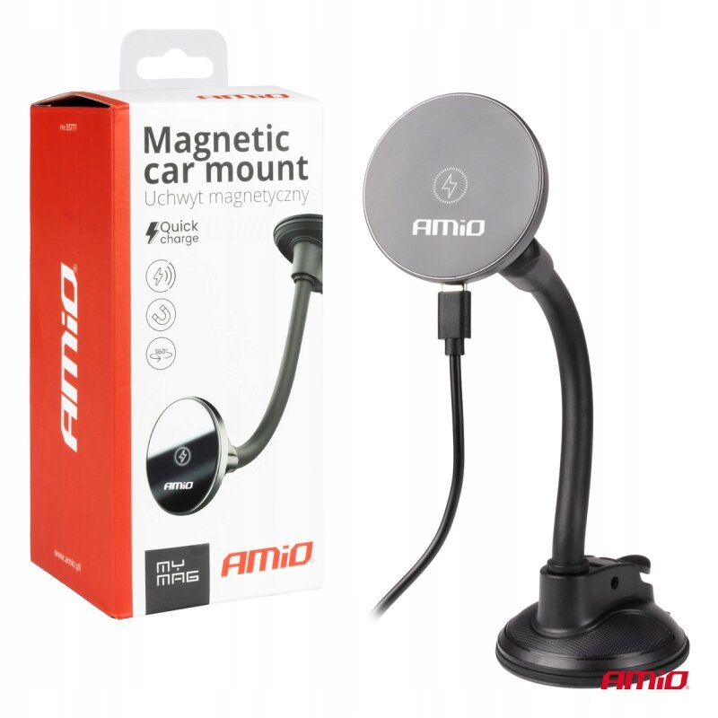 Na obrazie widoczny jest uchwyt samochodowy z okrągłą magnetyczną powierzchnią i elastycznym ramieniem, obok znajduje się pudełko z napisem \'Magnetic car mount Uchwyty magnetyczny Quick charge\'. Logo \'AMiO\' jest widoczne na produkcie i opakowaniu.