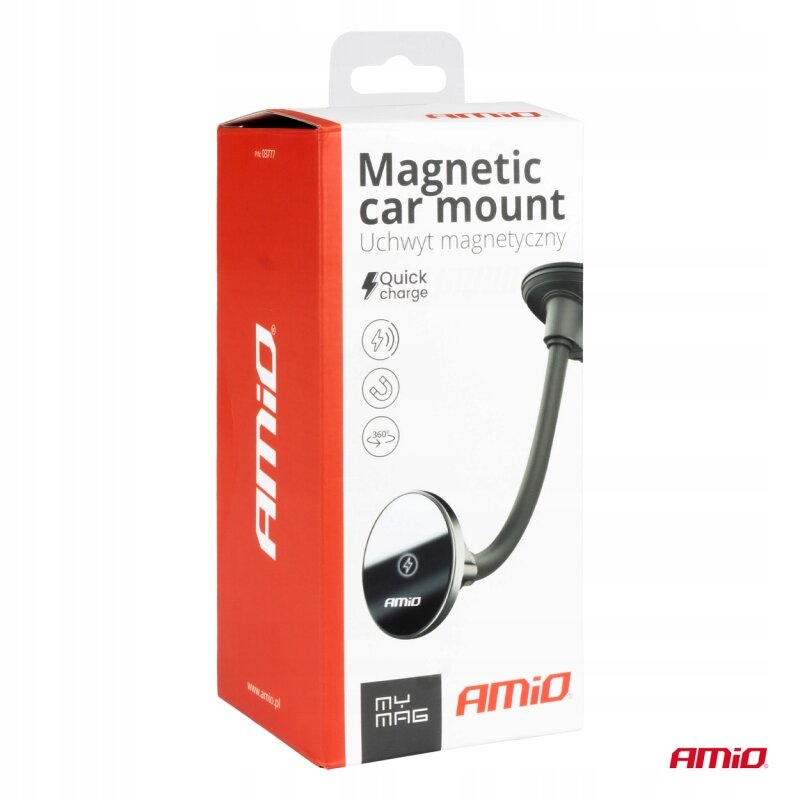 Opakowanie produktu z napisem \'Magnetic car mount Uchwyt magnetyczny\' oraz logo AMiO. Widoczne są ikony symbolizujące szybkie ładowanie, magnes i obrót 360°.