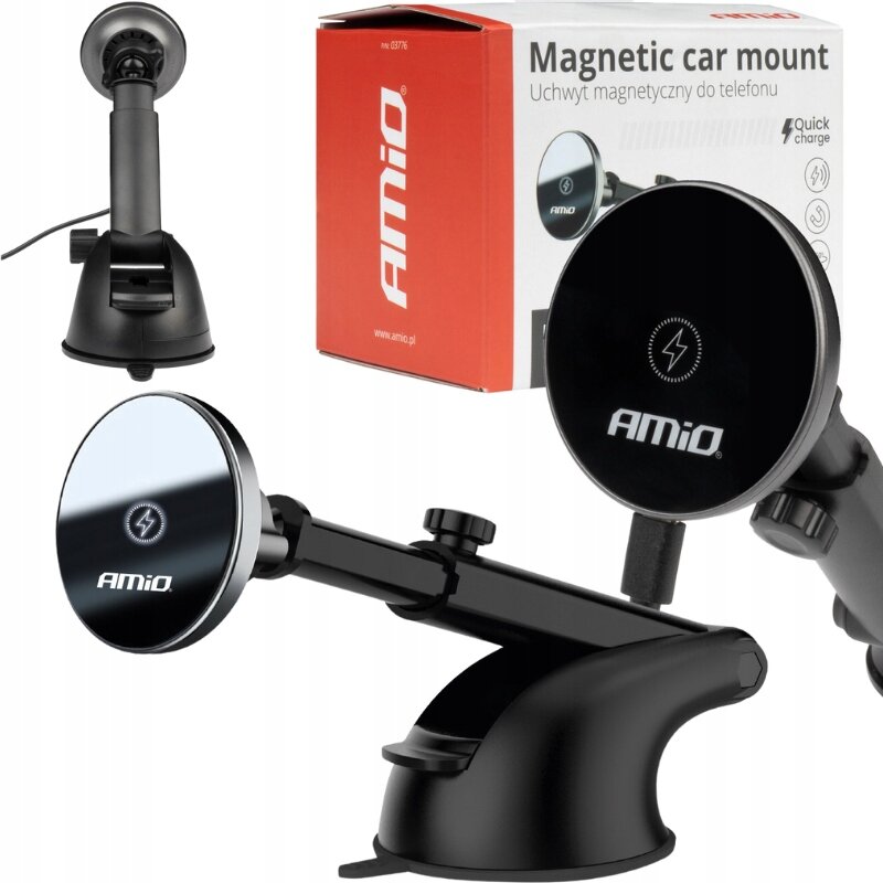 Na obrazie widoczny jest czarny uchwyt samochodowy z magnetyczną ładowarką indukcyjną, z logo \'AMiO\' na powierzchni. W tle znajduje się pudełko z napisem \'Magnetic car mount Uchwyt magnetyczny do telefonu\'.