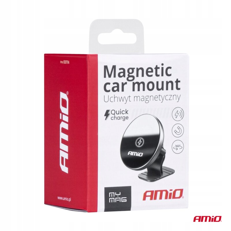 Opakowanie produktu z napisem \'Magnetic car mount Uchwyty magnetyczny Quick charge\'. Widoczne logo \'AMiO\' oraz ilustracja uchwytu samochodowego.