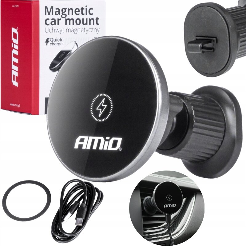 Na obrazie widoczny jest magnetyczny uchwyt samochodowy z logo \'AMiO\' oraz pudełko z napisem \'Magnetic car mount Uchwyt magnetyczny Quick charge\'. Obok uchwytu znajdują się kabel USB i okrągła uszczelka.
