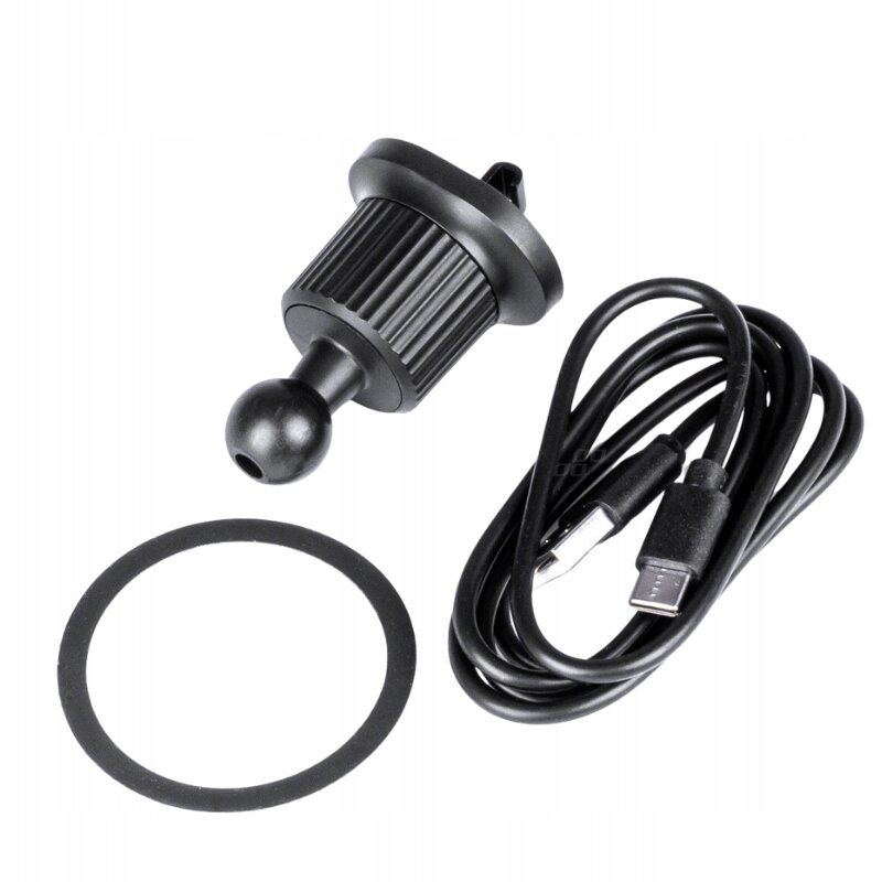 Na obrazie widoczny jest czarny uchwyt magnetyczny z okrągłą podstawą, kabel USB oraz gumowa podkładka. Uchwyt ma żebrowaną powierzchnię i kulisty element na końcu.
