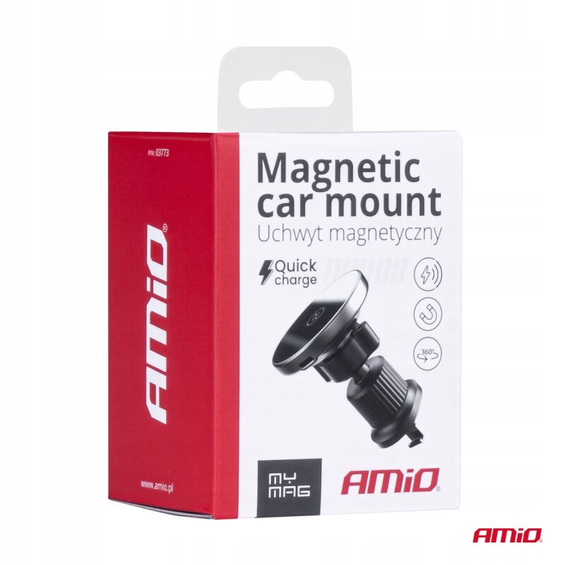Opakowanie produktu z napisem \'Magnetic car mount Uchwyty magnetyczny\' oraz \'Quick charge\'. Widoczne logo \'AMiO\' i ilustracja uchwytu magnetycznego.