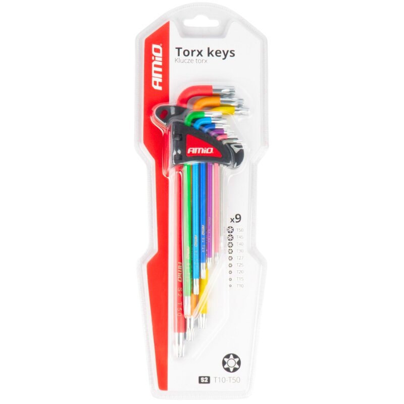 Zestaw dziewięciu kolorowych kluczy Torx AMiO w opakowaniu z przezroczystego plastiku. Na opakowaniu widoczny jest napis \'Torx keys Klucze torx\' oraz lista rozmiarów od T10 do T50.