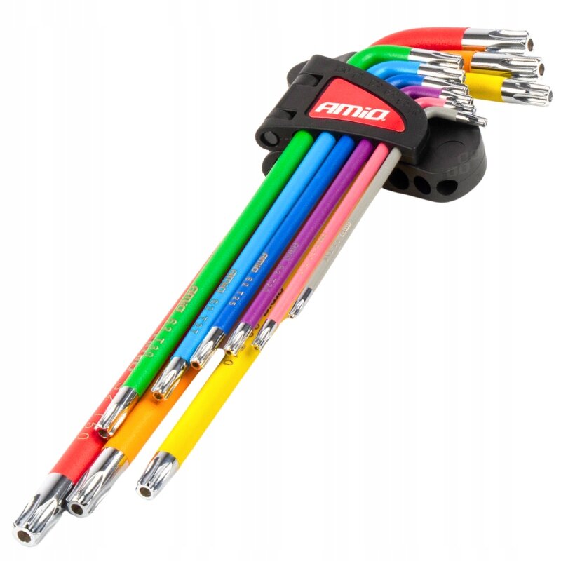 Zestaw kolorowych kluczy Torx w uchwycie z logo \'AMiO\'. Klucze mają różne kolory i metalowe końcówki.