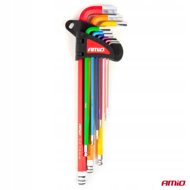 Zestaw dziewięciu kolorowych kluczy imbusowych z kulką, umieszczonych w czarnym uchwycie z logo \'AMiO\'. Na kluczach widoczny jest napis \'AMiO S2 10 mm\'.
