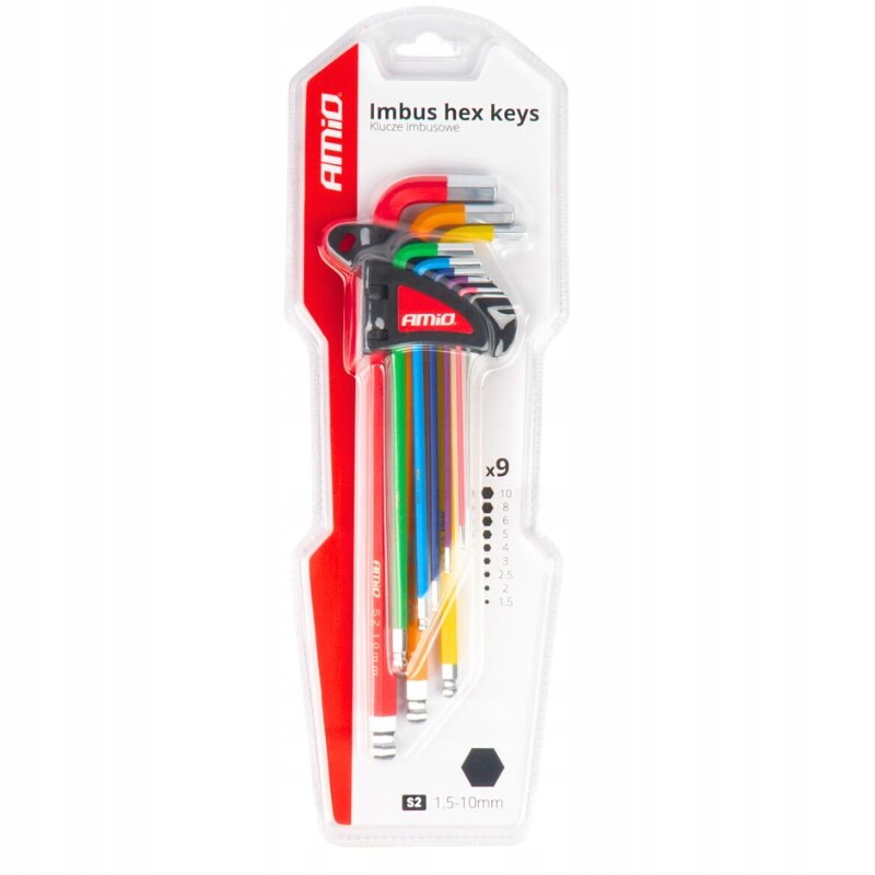 Zestaw kolorowych kluczy imbusowych AMiO w opakowaniu, z widocznym logo \'AMiO\' i napisem \'Imbus hex keys Klucze imbusowe\'.