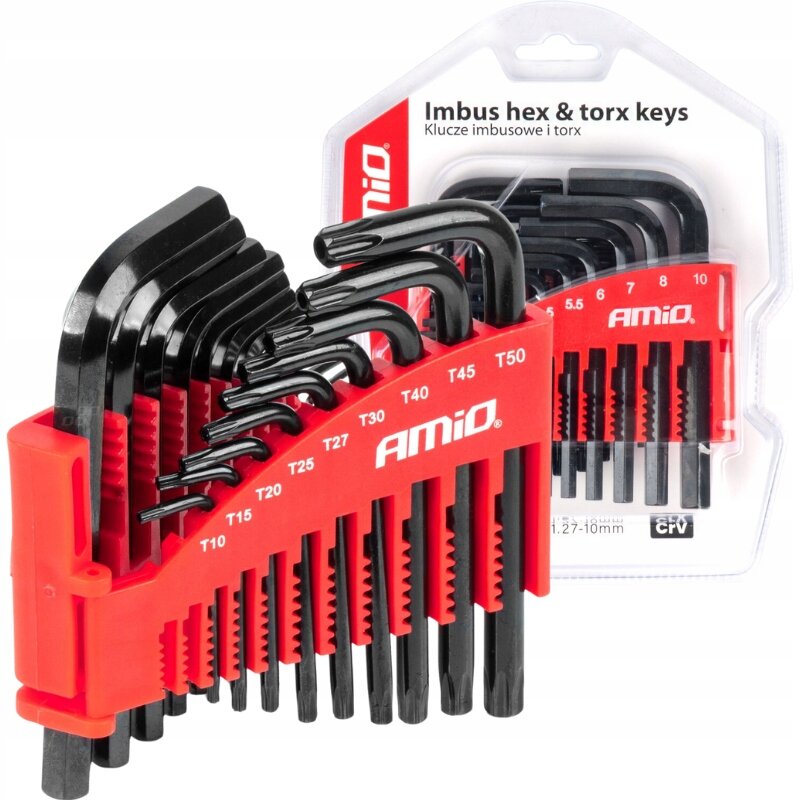 Zestaw czarnych kluczy imbusowych i torx w czerwonym uchwycie z widocznym logo \'Amio\'. Opakowanie zawiera napisy: \'Imbus hex & torx keys\', \'Klucze imbusowe i torx\', oraz oznaczenia rozmiarów kluczy od T10 do T50.