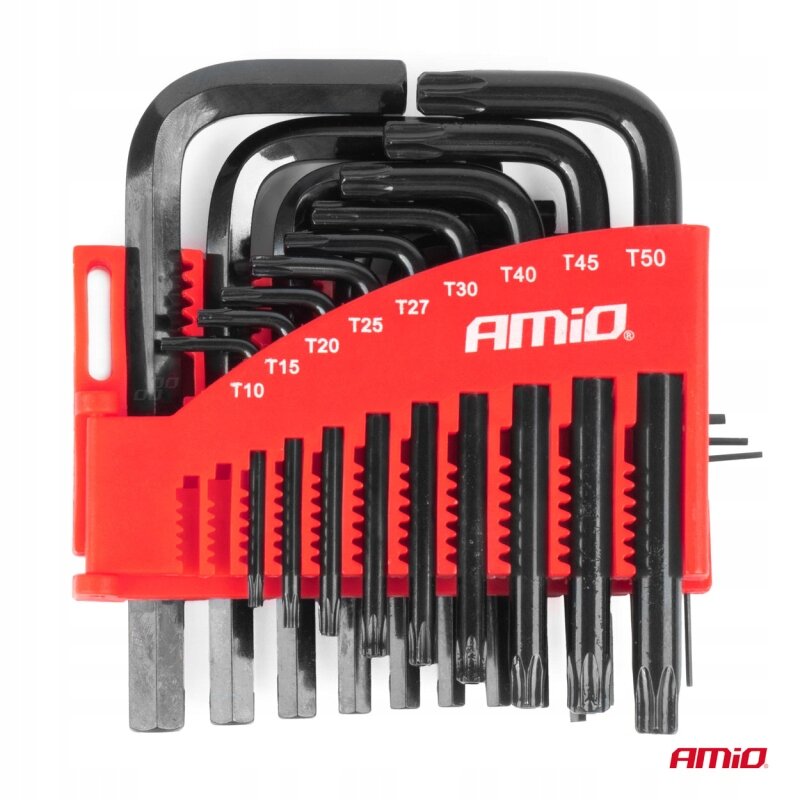 Zestaw czarnych kluczy imbusowych i torx w czerwonym uchwycie z oznaczeniami rozmiarów T10-T50. Widoczne logo \'AMiO\' na uchwycie i w dolnym rogu obrazu.