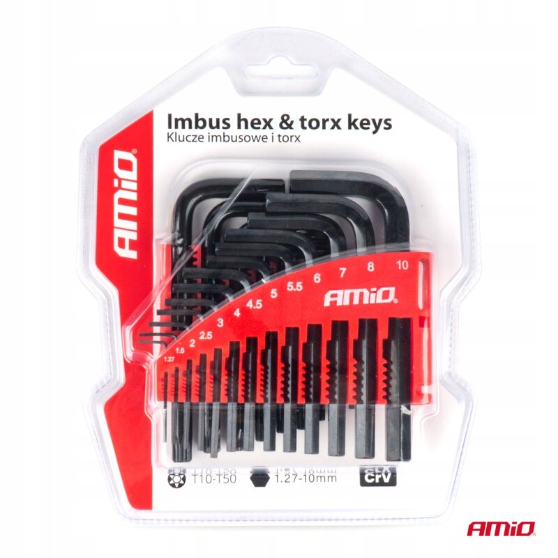 Zestaw czarnych kluczy imbusowych i torx w opakowaniu z przezroczystego plastiku z czerwonym uchwytem, oznaczony logo AMiO. Widoczne są rozmiary kluczy od 1.27 do 10 mm oraz T10-T50.