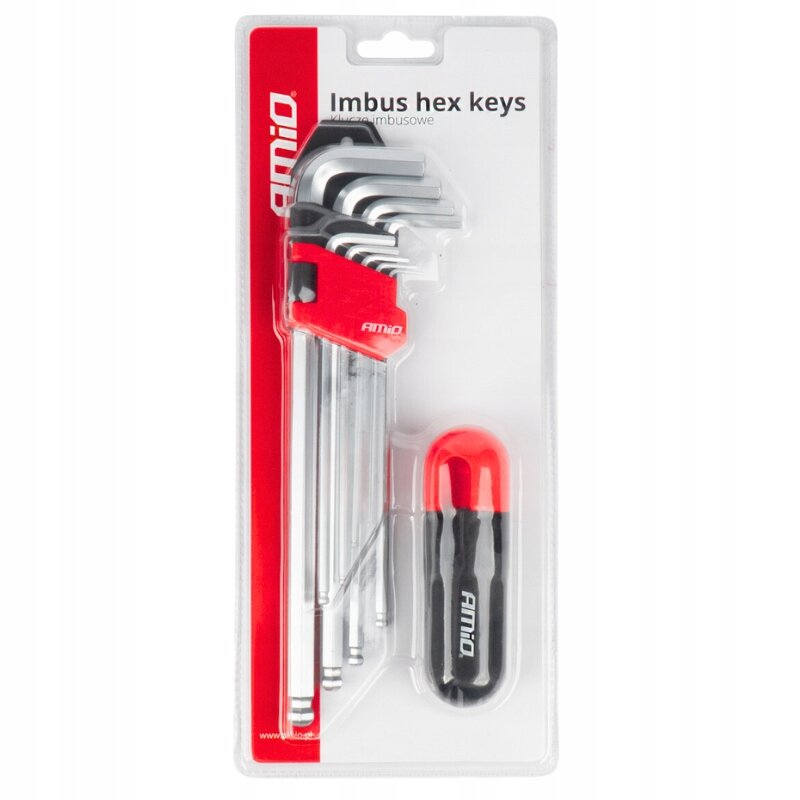 Zestaw kluczy imbusowych w opakowaniu, zawierający dziewięć sztuk kluczy oraz uchwyt z logo \'amio\'. Na opakowaniu widoczny jest napis \'Imbus hex keys Klucze imbusowe\'.