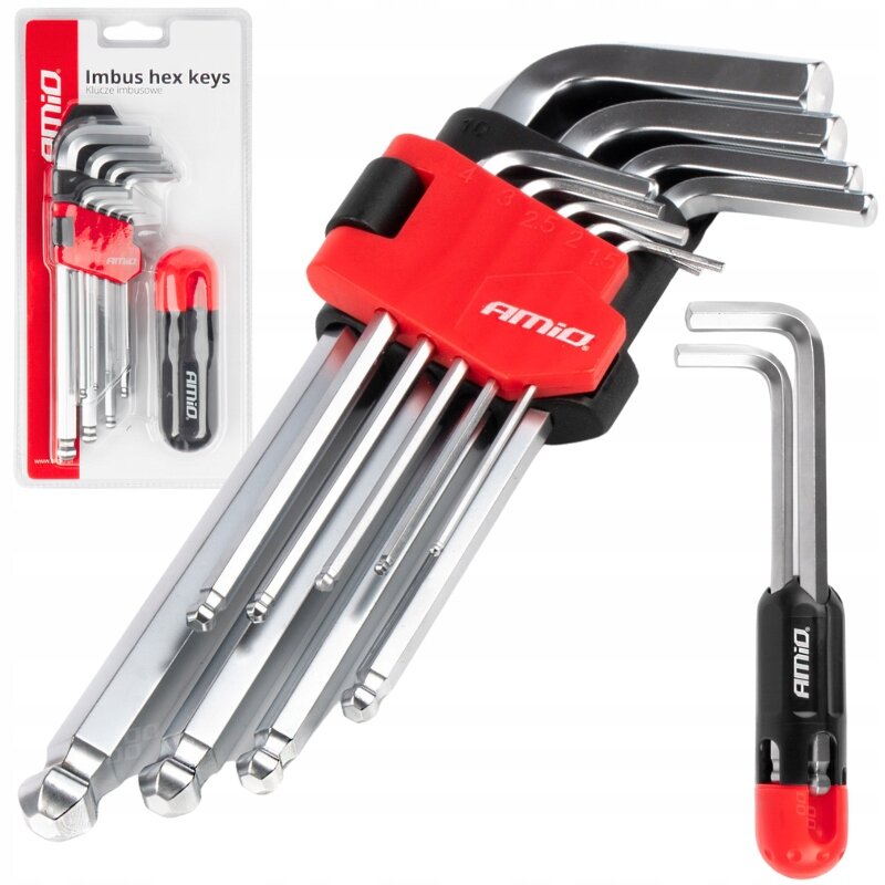 Zestaw kluczy imbusowych z kulką w metalicznym kolorze, umieszczony w czerwono-czarnym uchwycie z logo \'AMiO\'. W tle widoczne jest opakowanie z napisem \'Imbus hex keys Klucze imbusowe\'.