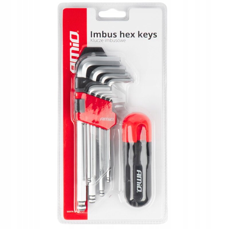 Zestaw kluczy imbusowych AMiO w opakowaniu, zawierający dziewięć kluczy z kulką oraz uchwyt. Na opakowaniu widoczny jest tekst: \'Imbus hex keys Klucze imbusowe\' oraz logo \'AMiO\'.