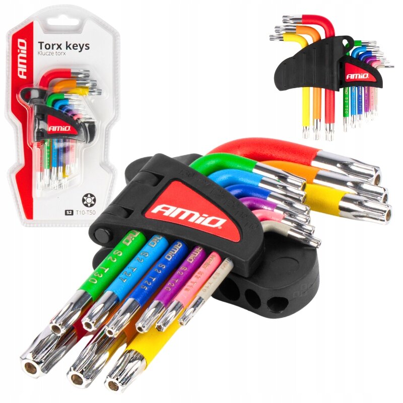 Zestaw kolorowych kluczy Torx AMiO w opakowaniu i poza nim, z widocznym logo \'AMiO\'. Klucze mają różne kolory i są oznaczone rozmiarami od T10 do T50.