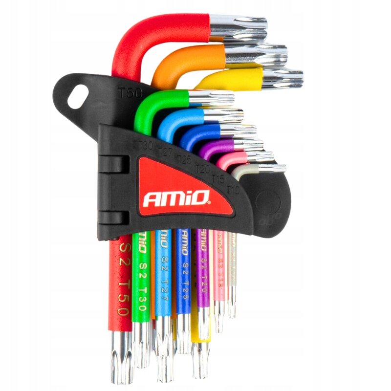 Zestaw kolorowych kluczy Torx w uchwycie z logo \'Amio\'. Klucze oznaczone są rozmiarami od T10 do T50.