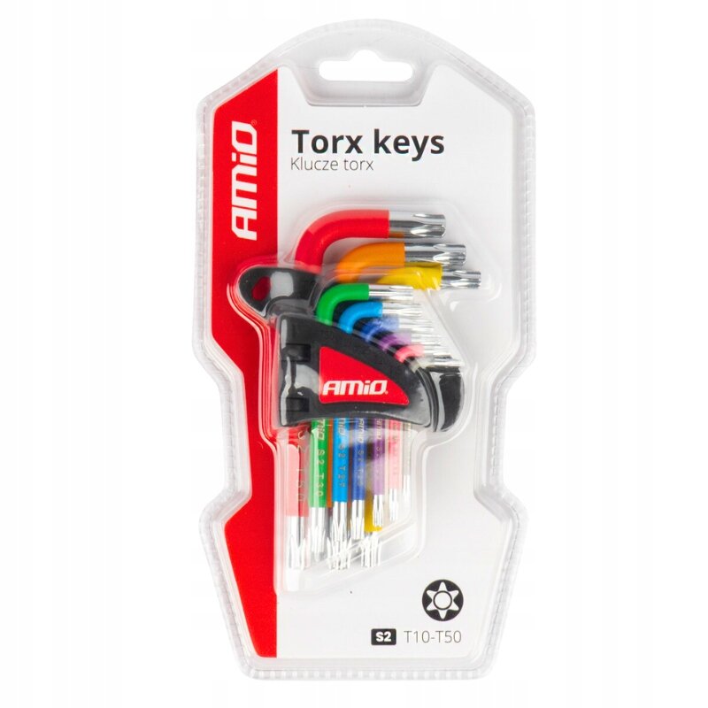 Zestaw kluczy Torx w różnych kolorach, zapakowany w przezroczyste opakowanie z czerwonymi elementami. Widoczny tekst: \'AMiO\', \'Torx keys\', \'Klucze torx\', \'S2\', \'T10-T50\'.