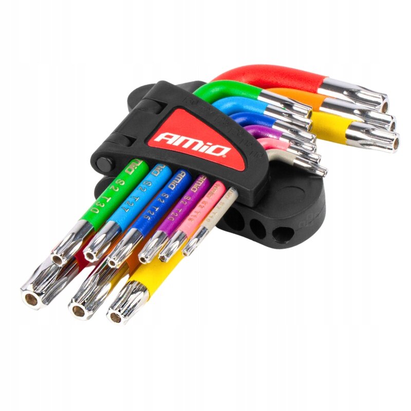 Zestaw kolorowych kluczy Torx w uchwycie z logo \'AMiO\'. Klucze mają różne kolory i oznaczenia rozmiarów od T10 do T50.