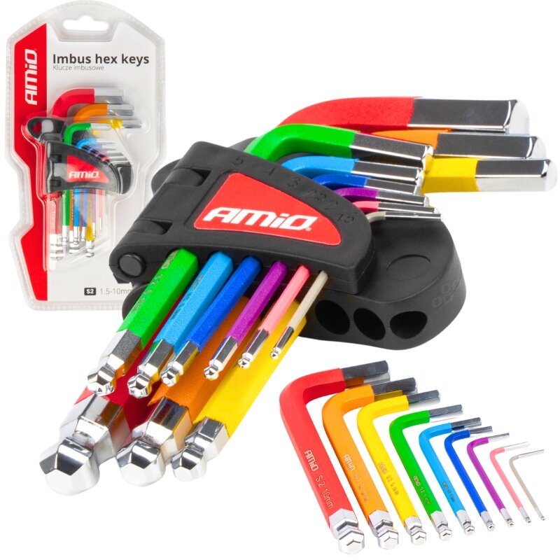 Zestaw kolorowych kluczy imbusowych z kulką, umieszczony w czarnym uchwycie z logo \'AMiO\'. W tle widoczne jest opakowanie z napisem \'Imbus hex keys Klucze imbusowe\'.