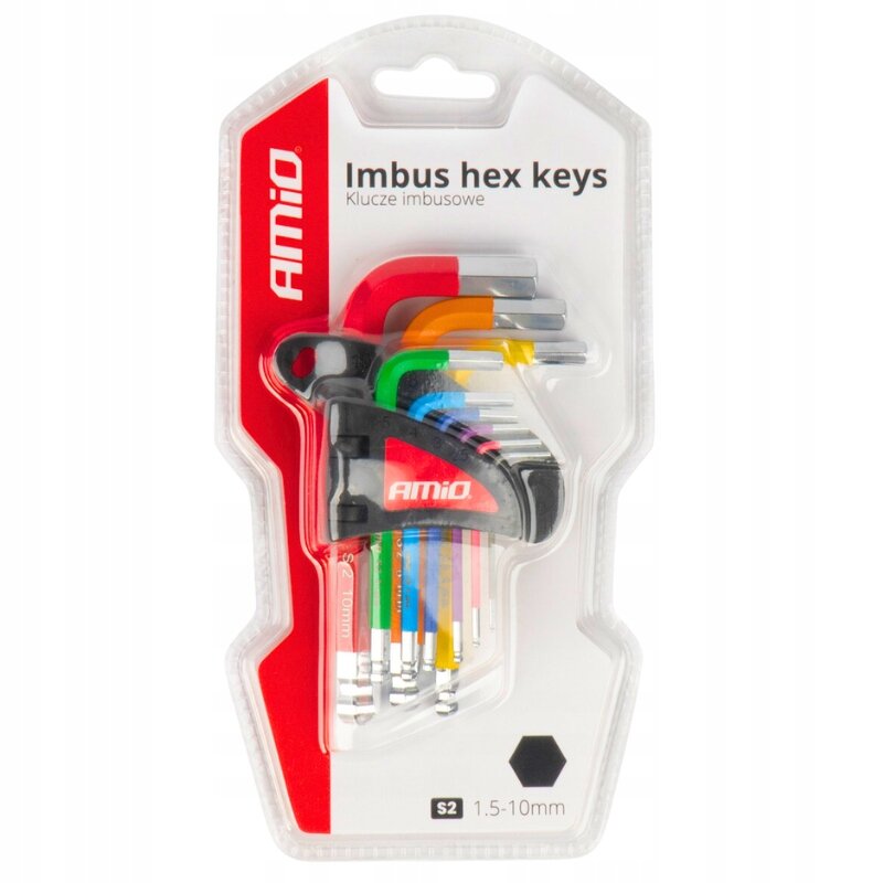 Zestaw kolorowych kluczy imbusowych AMiO w opakowaniu z przezroczystego plastiku. Na opakowaniu widoczny jest napis \'Imbus hex keys Klucze imbusowe\' oraz logo AMiO.