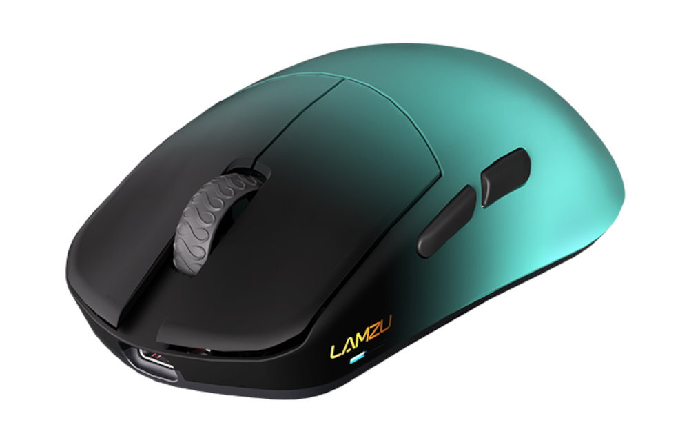 LAMZU Maya X 124 × 64 × 40 mm pewnie leży w dłoni - czarnozielona mysz na białym tle