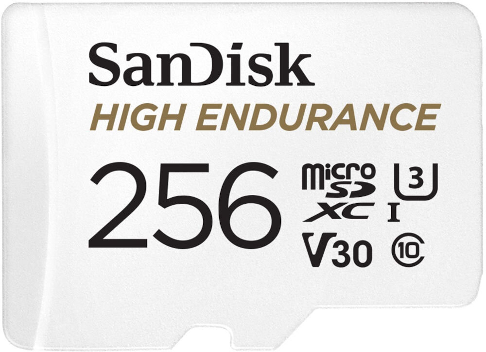 Biała karta pamięci z nadrukiem \'SanDisk HIGH ENDURANCE 256 microSDXC I V30 U3 A1\'.