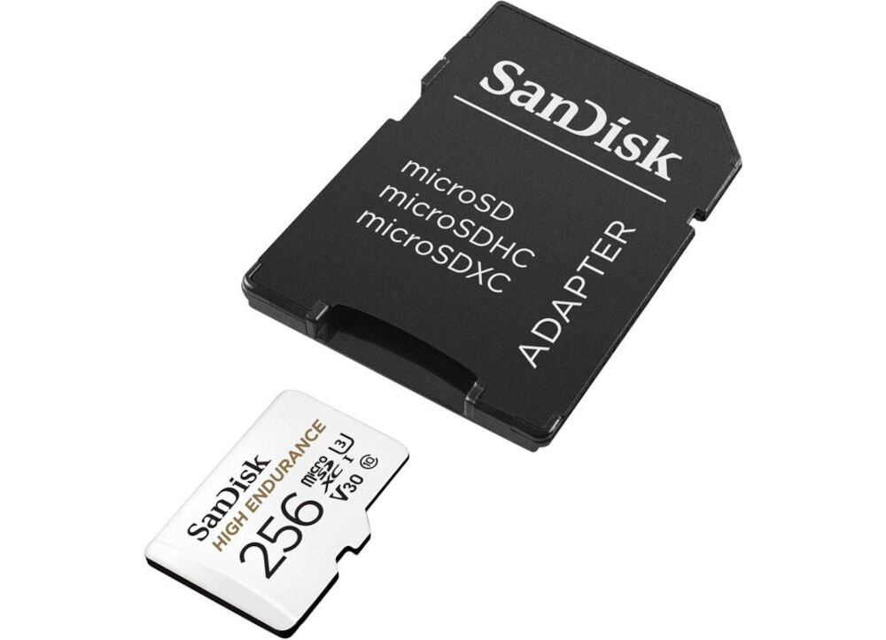 Na obrazie widoczna jest karta pamięci SanDisk MicroSDXC 256GB oraz adapter z napisem \'SanDisk microSD microSDHC microSDXC ADAPTER\'.