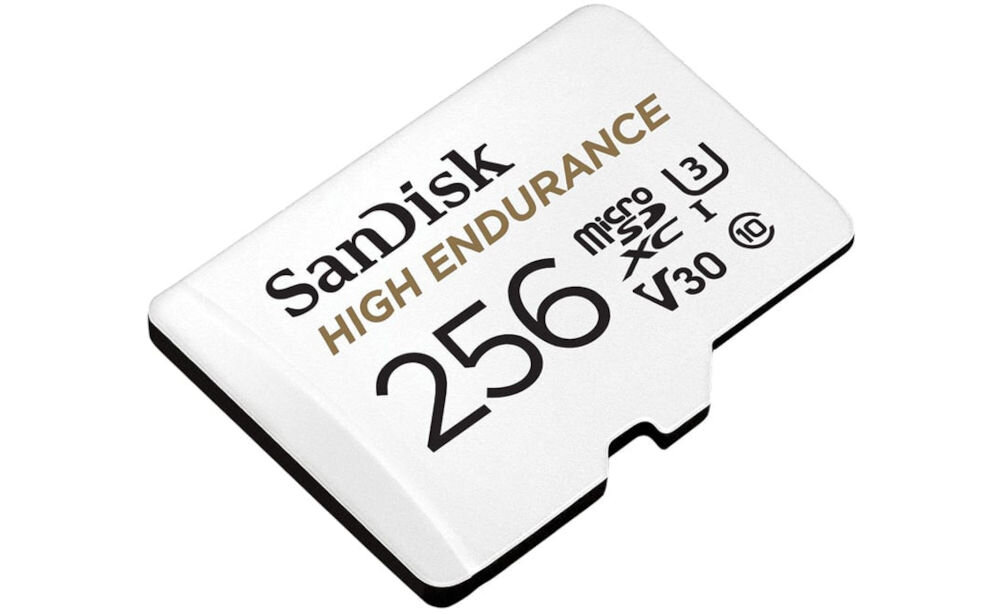 Biała karta pamięci z napisem \'SanDisk HIGH ENDURANCE 256 MicroSDXC I U3 V30\'.