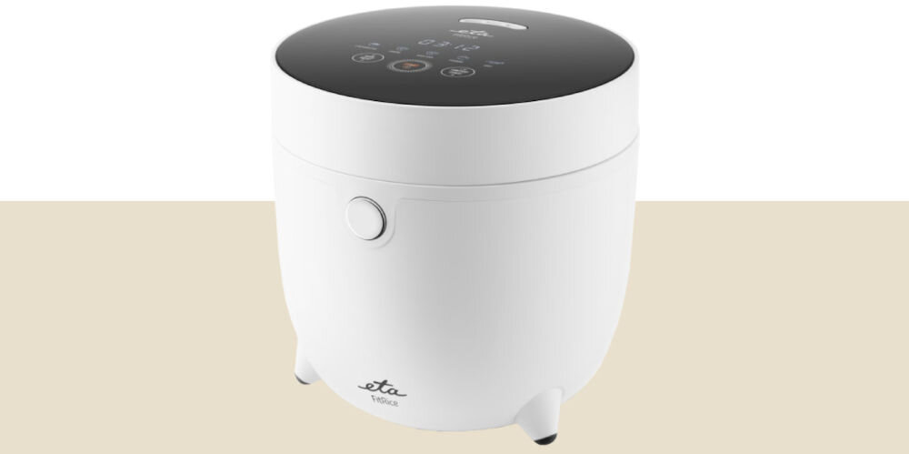 Ryżowar ETA FitRice ETA413990000 ryżowar biała obudowa czarny panel przyciski nóżki biało beżowe tło pojemność robocza 1,6 litra moc 500 W do 0,225 kg ryżu w trybie Low Sugar 0,45 kg w standardowym trybie automatyczne przełączenie w tryb podtrzymania ciepła funkcja opóźnionego startu od 1 do 24 godzin zaplanowanie posiłków zwiększona wygoda użytkowania 