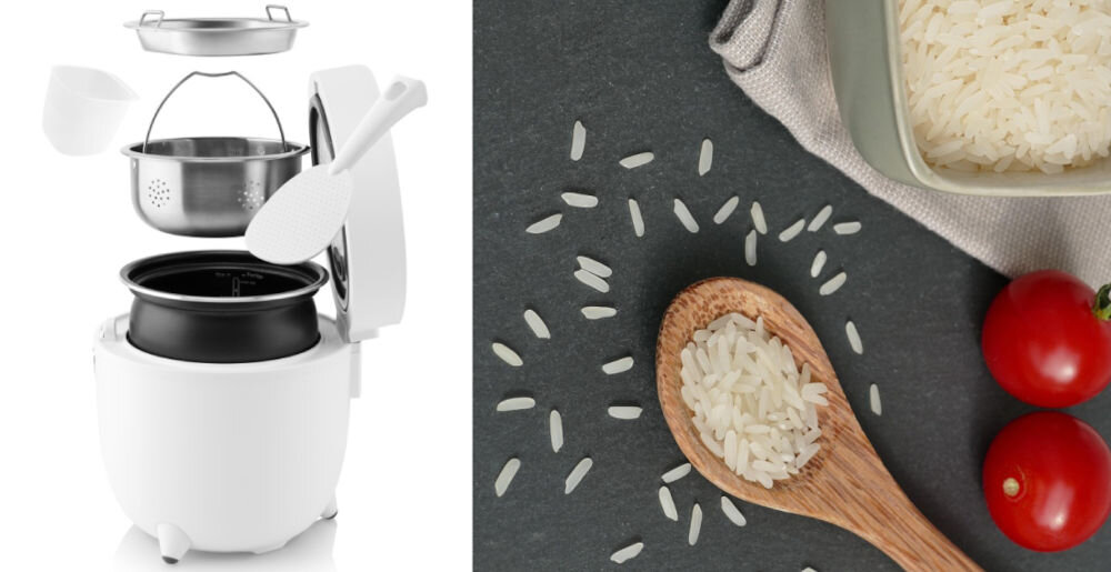 Ryżowar ETA FitRice ETA413990000 biały ryżowar elementy zestawu tacki łopatka pojemniki białe tło obok drewniana łyżka z rozsypanym ryżem praktyczne akcesoria miarka łyżka tacka ociekowa stalowy wkład do programu low sugar odłączana pokrywa ułatwienie czyszczenia higiena dłuższa żywotność zdrowy styl życia komfort gotowania funkcjonalne technologie elegancki design 