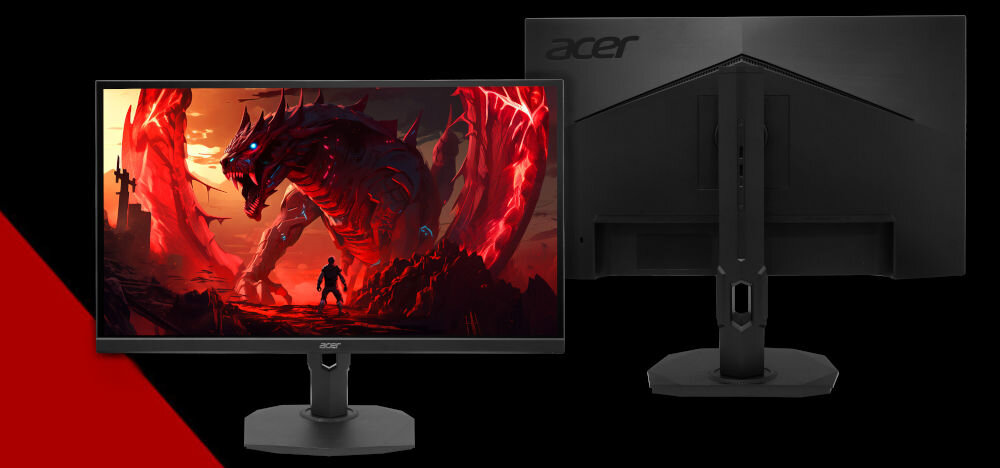Monitor ACER Nitro XF273U F3 27 cali 2560x1440px IPS 320Hz 0.5 ms [GTG] prezentacja monitora od przodu i tyłu na czarnym tle czerwony pasek po lewej stronie na dole
