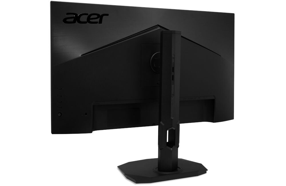 Monitor ACER Nitro XF273U F3 27 cali 2560x1440px IPS 320Hz 0.5 ms [GTG] prezentacja monitora od tyłu pod kątem na białym tle DisplayPort 1.4 2 x HDMI 2.1 gniazdo AC-in zasilania wyjście słuchawkowe płynne przełączanie