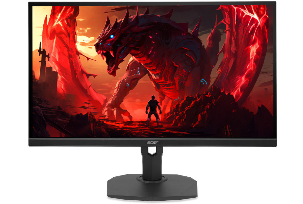 Monitor ACER Nitro XF273U F3 27 cali 2560x1440px IPS 320Hz 0.5 ms [GTG] prezentacja monitora na białym tle od przodu HDR10 320 Hz 0,5 ms FreeSync Premium zastosowanie do gier grafiki pracy komfort