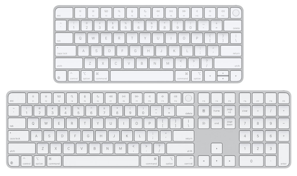 APPLE Magic Keyboard z klawiaturą numeryczną oraz bez niej klawiszami numerycznymi mniejsza wersja bez nich - dwie wersje klawiatury, z numpadem i bez