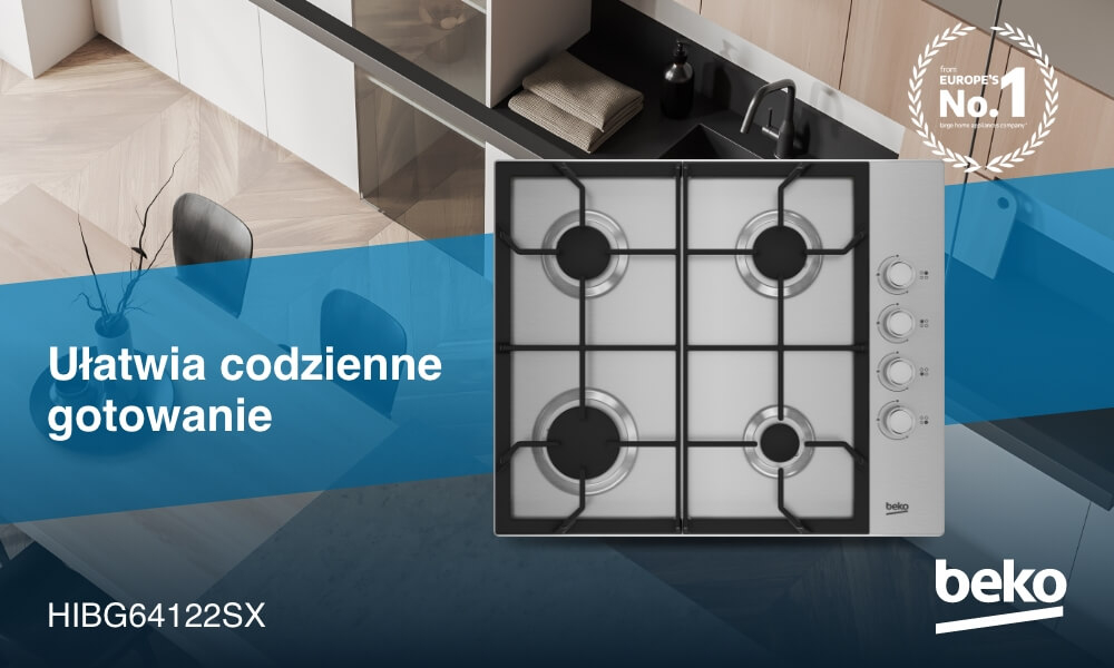 PŁYTA BEKO b100 HIBG64122SX Na grafice widoczna jest czarna płyta gazowa Beko z czterema palnikami i czterema pokrętłami umieszczonymi pionowo po prawej stronie, zaprezentowana na tle jasnej kuchni z blatem i zlewem. Na niebieskim pasie po lewej stronie umieszczono hasło „Ułatwia codzienne gotowanie”, oznaczenie modelu b100 HIBG64122SX oraz logo Beko, a w prawym górnym rogu znajduje się znak „Europe’s No.1”.