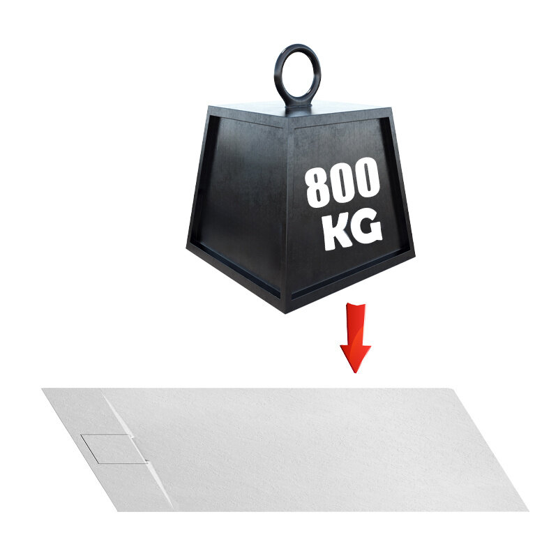 Na obrazie widoczny jest czarny ciężar z napisem \'800 KG\' oraz czerwona strzałka skierowana w dół, wskazująca na biały prostokątny obiekt przypominający brodzik prysznicowy.
