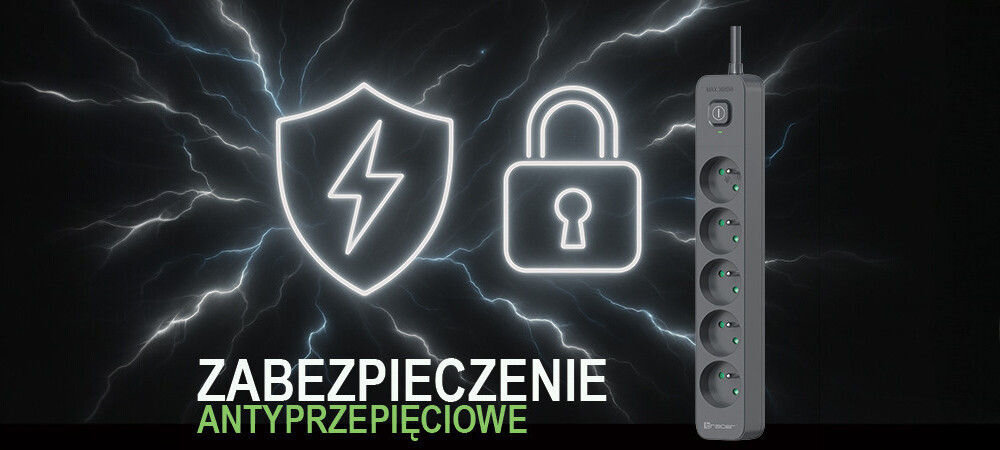 Obraz przedstawia listwę zasilającą z sześcioma gniazdami, obok której znajdują się ikony tarczy z błyskawicą i kłódki. Na dole widoczny jest tekst: \'ZABEZPIECZENIE ANTYPRZEPIĘCIOWE\'.