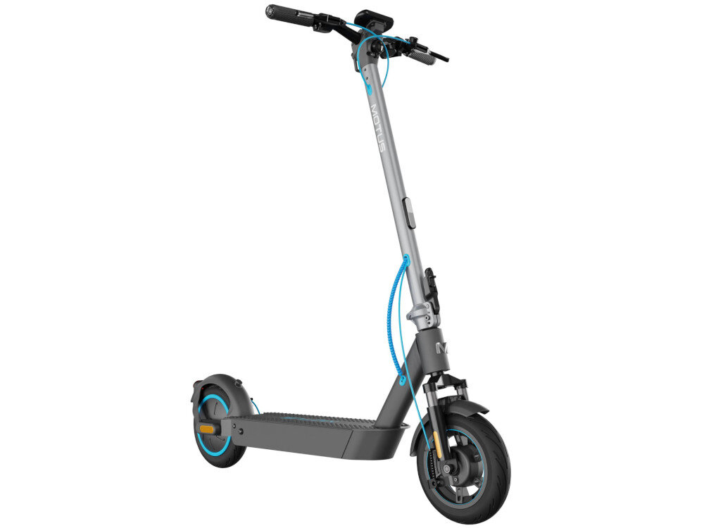 Hulajnoga elektryczna MOTUS Scooty 10 Pro 70km 600W Amortyzacja 10 Szaro-turkusowy hulajnoga na białym tle widoczna od przodu pod skosem wytrzymała konstrukcja z wysokiej jakości aluminium lekka waga hulajnogi (19 kg) udźwig do 120 kg szeroki deck powierzchnia z antypoślizgową powłoką