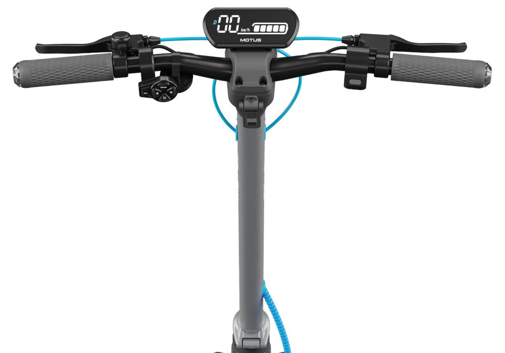 Hulajnoga elektryczna MOTUS Scooty 10 Pro 70km 600W Amortyzacja 10 Szaro-turkusowy białe tło zbliżenie na kierownicę i wyświetlacz kierownica o wysokości 118 cm podróżowanie w wyprostowanej pozycji ciała intuicyjny wyświetlacz LCD wysoka rozdzielczość informacje w czasie rzeczywistym