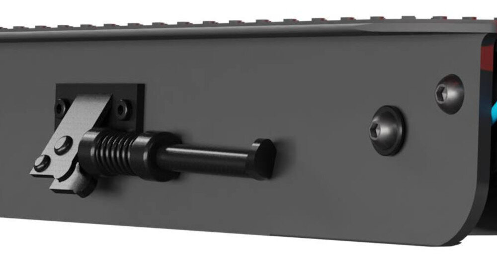 Hulajnoga elektryczna MOTUS Scooty 10 Pro 70km 600W Amortyzacja 10 Szaro-turkusowy zbliżenie na stopkę składana stopka wytrzymała nóżka zamontowana w centralnym punkcie ciężkości