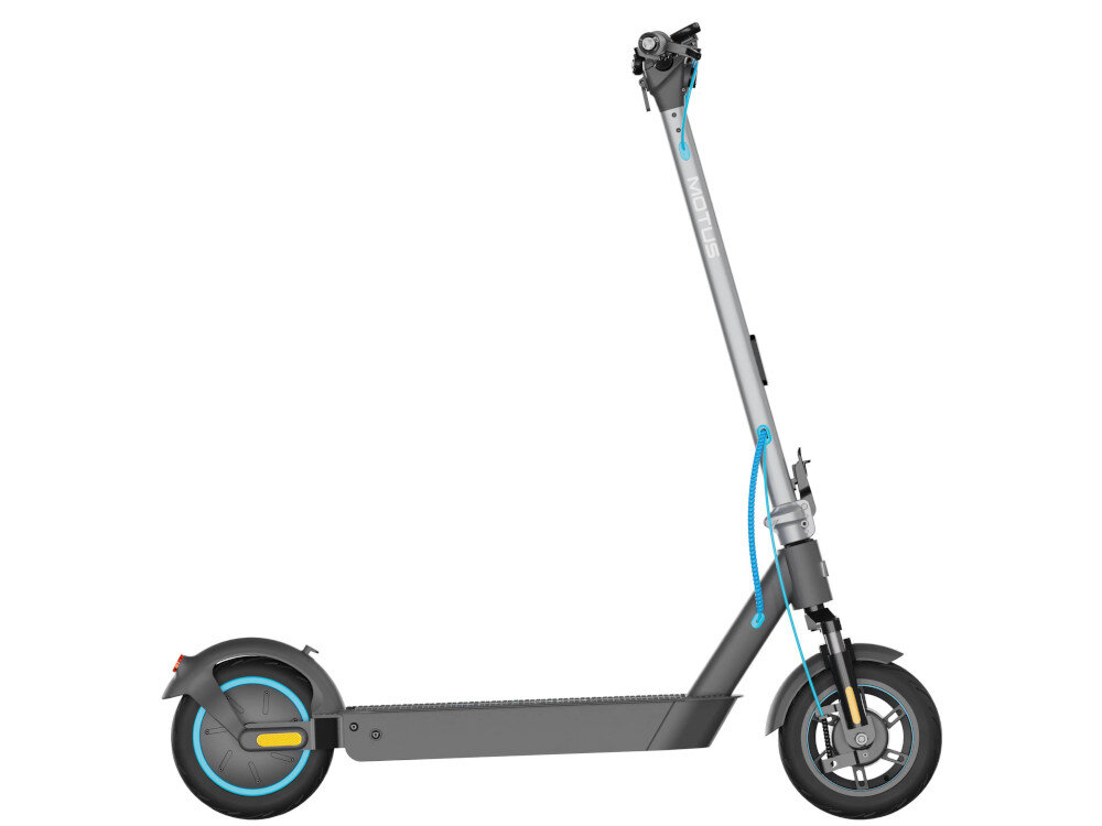 Hulajnoga elektryczna MOTUS Scooty 10 Pro 70km 600W Amortyzacja 10 Szaro-turkusowy hulajnoga na białym tle widoczna z boku sygnał dźwiękowy komunikowanie się z innymi użytkownikami drogi Tempomat pozwala ustawić i utrzymywać stałą prędkość pojazdu zwiększenie bezpieczeństwa na drodze oszczędność energii