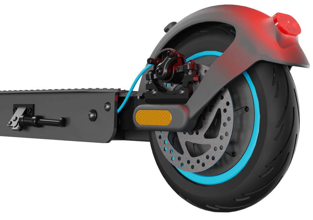 Hulajnoga elektryczna MOTUS Scooty 10 Pro 70km 600W Amortyzacja 10 Szaro-turkusowy białe tło zbliżenie na hamulec na tylnym kole bezpieczeństwo przedni hamulec mechaniczny bębnowy tylny tarczowy bardzo duża siła hamowania niemal bezawaryjne działają na każdej nawierzchni