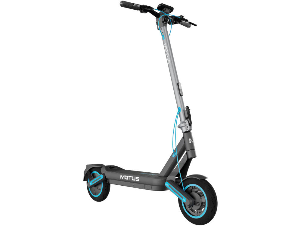 Hulajnoga elektryczna MOTUS Scooty 10 Max 80km 800W Amortyzacja 10 cali hulajnoga na białym tle widoczna od przodu pod skosem wytrzymała konstrukcja z wysokiej jakości aluminium lekka waga hulajnogi (21 kg) udźwig do 120 kg szeroki deck powierzchnia z antypoślizgową powłoką